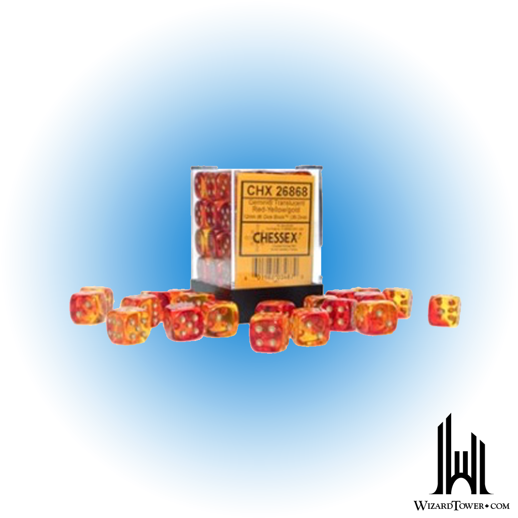 Dice Set - Gemini Poly Translucent Red-Yellow / Gold Luminary 12mm d6 36ct