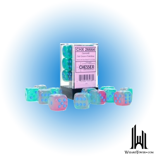Dice Set - Gemini Poly Gel Green-Pink / Blue Luminary 16mm d6 12ct