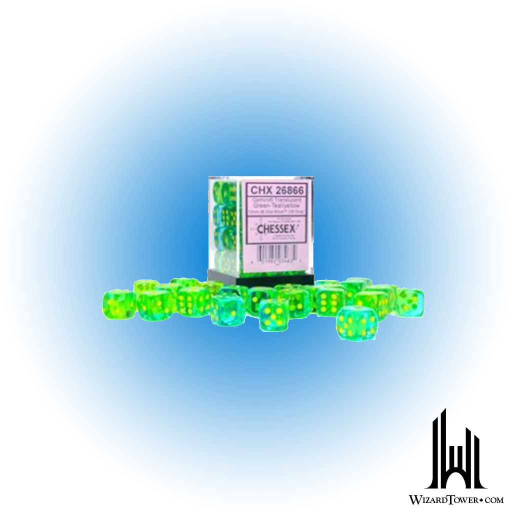 Dice Set - Gemini Poly Translucent Green-Teal / Yellow Luminary 12mm d6 36ct
