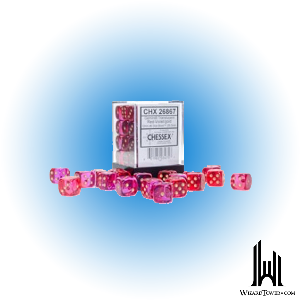 Dice Set - Gemini Poly Translucent Red-Violet / Gold Luminary 12mm d6 36ct