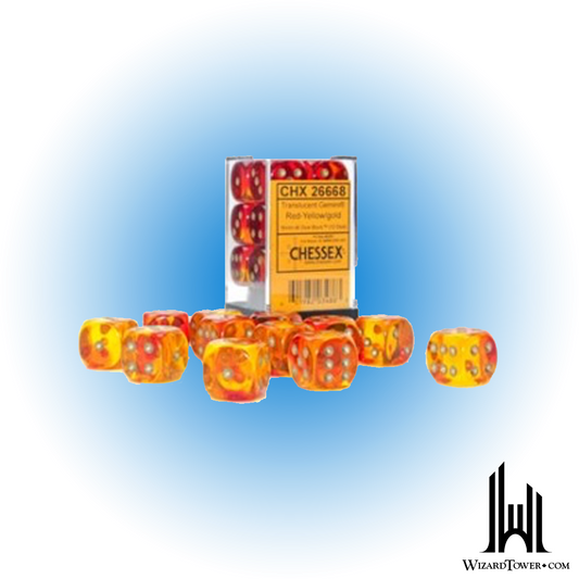 Dice Set - Gemini Poly Translucent Red-Yellow / Gold Luminary 16mm d6 12ct