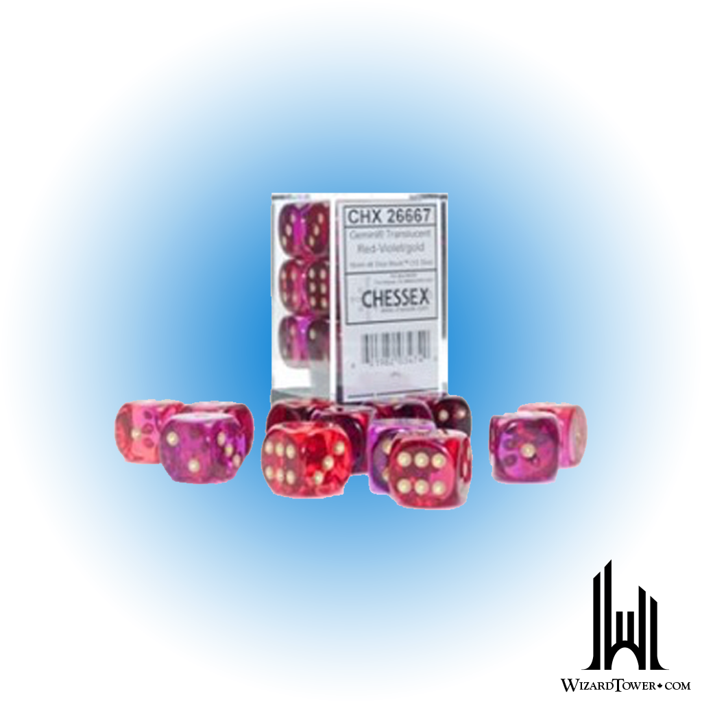 Dice Set - Gemini Poly Translucent Red-Violet / Gold Luminary 16mm d6 12ct