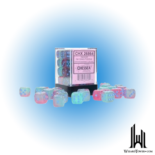 Dice Set - Gemini Poly Gel Green-Pink / Blue Luminary 12mm d6 36ct