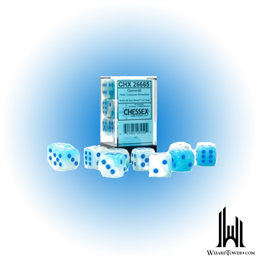 Dice Set - Gemini Poly Turquoise-White / Blue Luminary 16mm d6 12ct