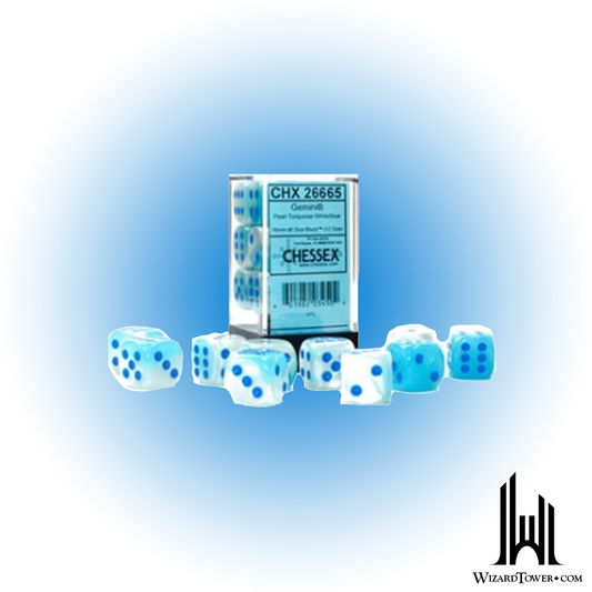 Dice Set - Gemini Poly Turquoise-White / Blue Luminary 16mm d6 12ct