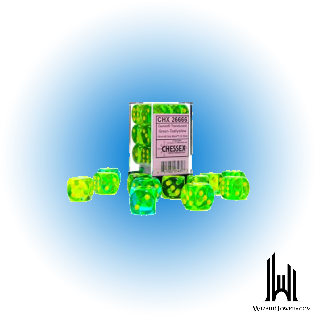 Dice Set - Gemini Poly Translucent Green-Teal / Yellow Luminary 16mm d6 12ct