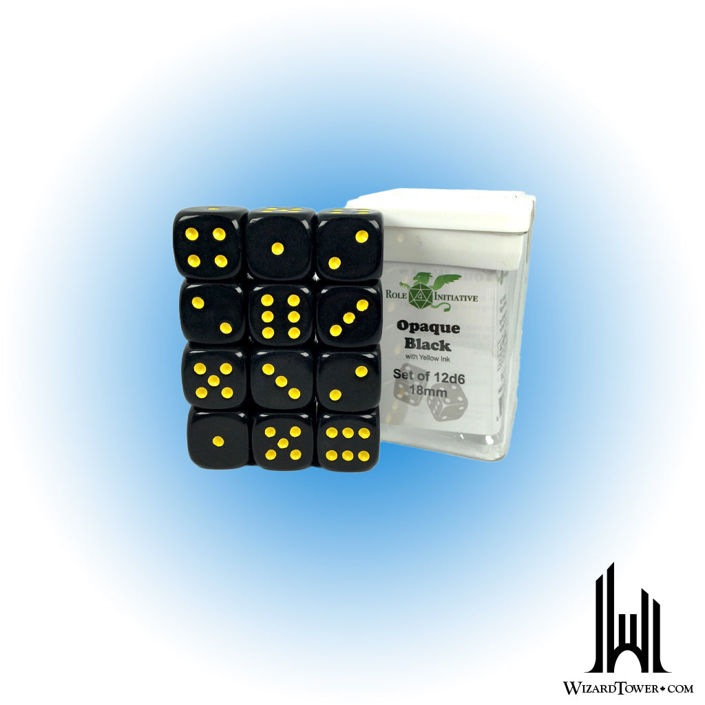 Dice Set - Opaque Black / Yellow 18mm d6 12ct