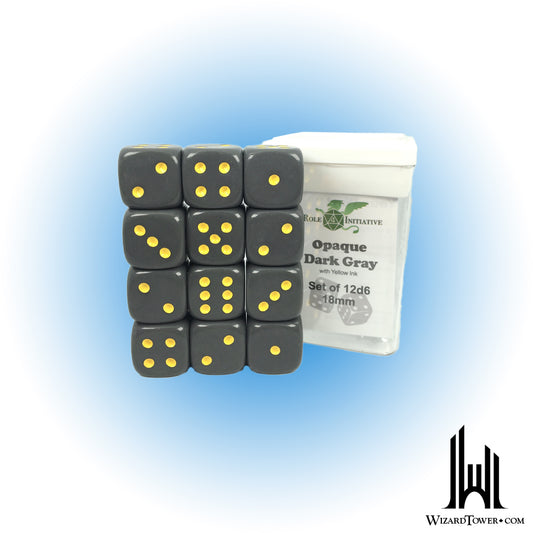 Dice Set - Opaque Dark Grey / Yellow 18mm d6 12ct