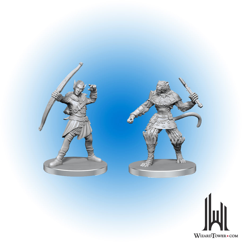Unpainted Miniature - Pathfinder - Elf Hunter and Catfolk Bandit