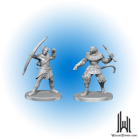 Unpainted Miniature - Pathfinder - Elf Hunter and Catfolk Bandit