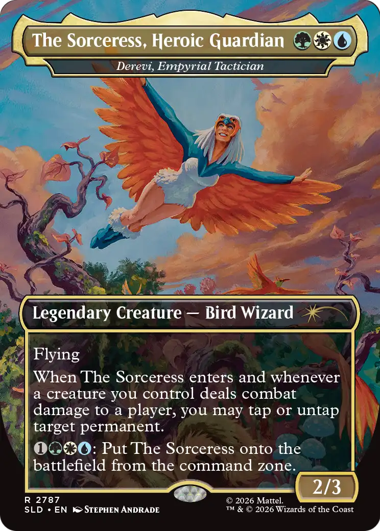 The Sorceress, Heroic Guardian [Derevi, Empyrial Tactician] (2787) (Borderless) (SLD)