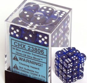 Dice Set - Translucent Blue / White 12mm d6 36ct