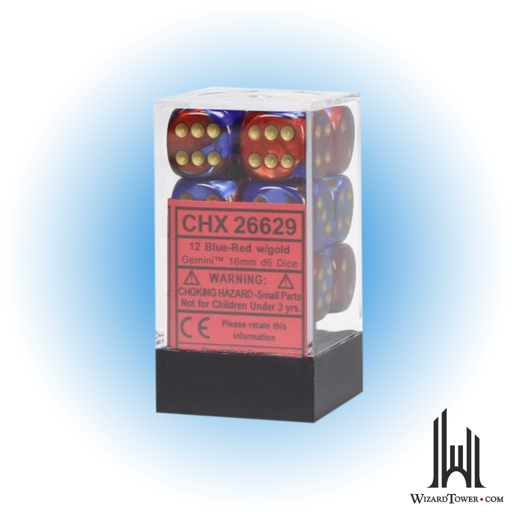 Dice Set - Gemini Blue-Red / Gold 16mm d6 12ct