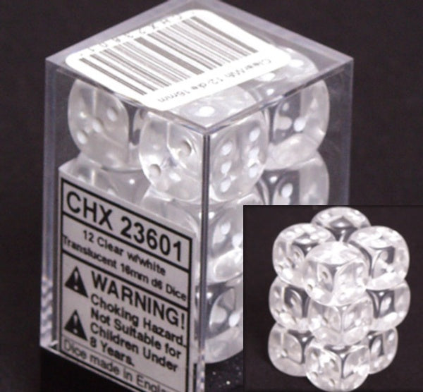 Dice Set - Translucent Clear / White 16mm d6 12ct