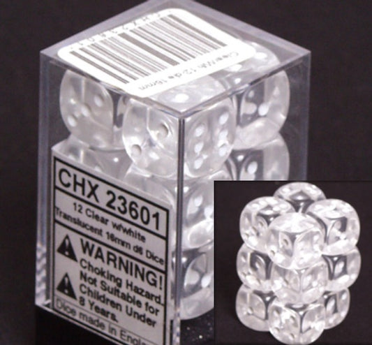 Dice Set - Translucent Clear / White 16mm d6 12ct