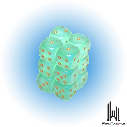 Dice Set - Borealis Light Green / Gold Luminary 16mm d6 12ct