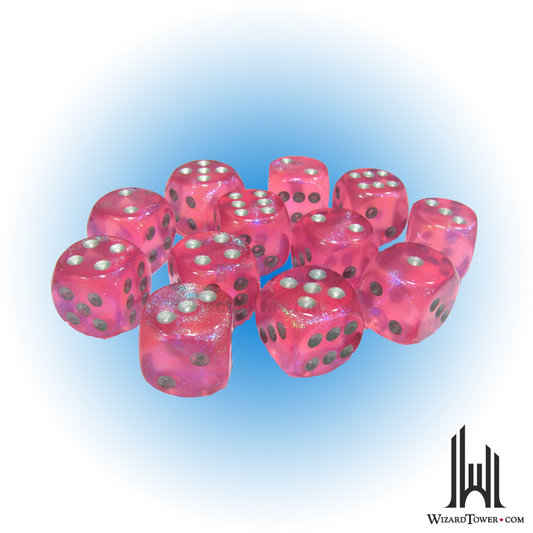 Dice Set - Borealis Pink / Silver Luminary 16mm d6 12ct