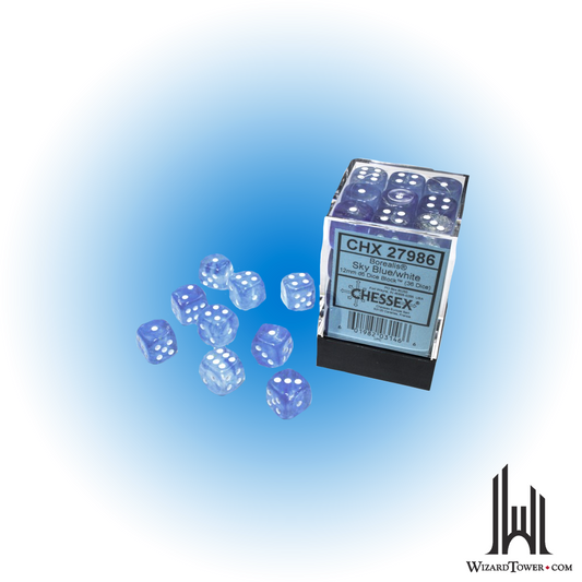 Dice Set - Borealis Sky Blue / White Luminary 12mm d6 36ct