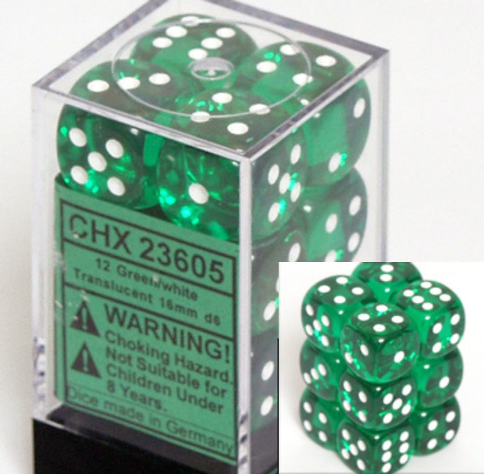 Dice Set - Translucent Green / White 16mm d6 12ct