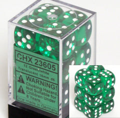 Dice Set - Translucent Green / White 16mm d6 12ct