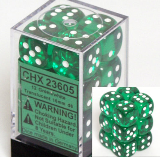 Dice Set - Translucent Green / White 16mm d6 12ct