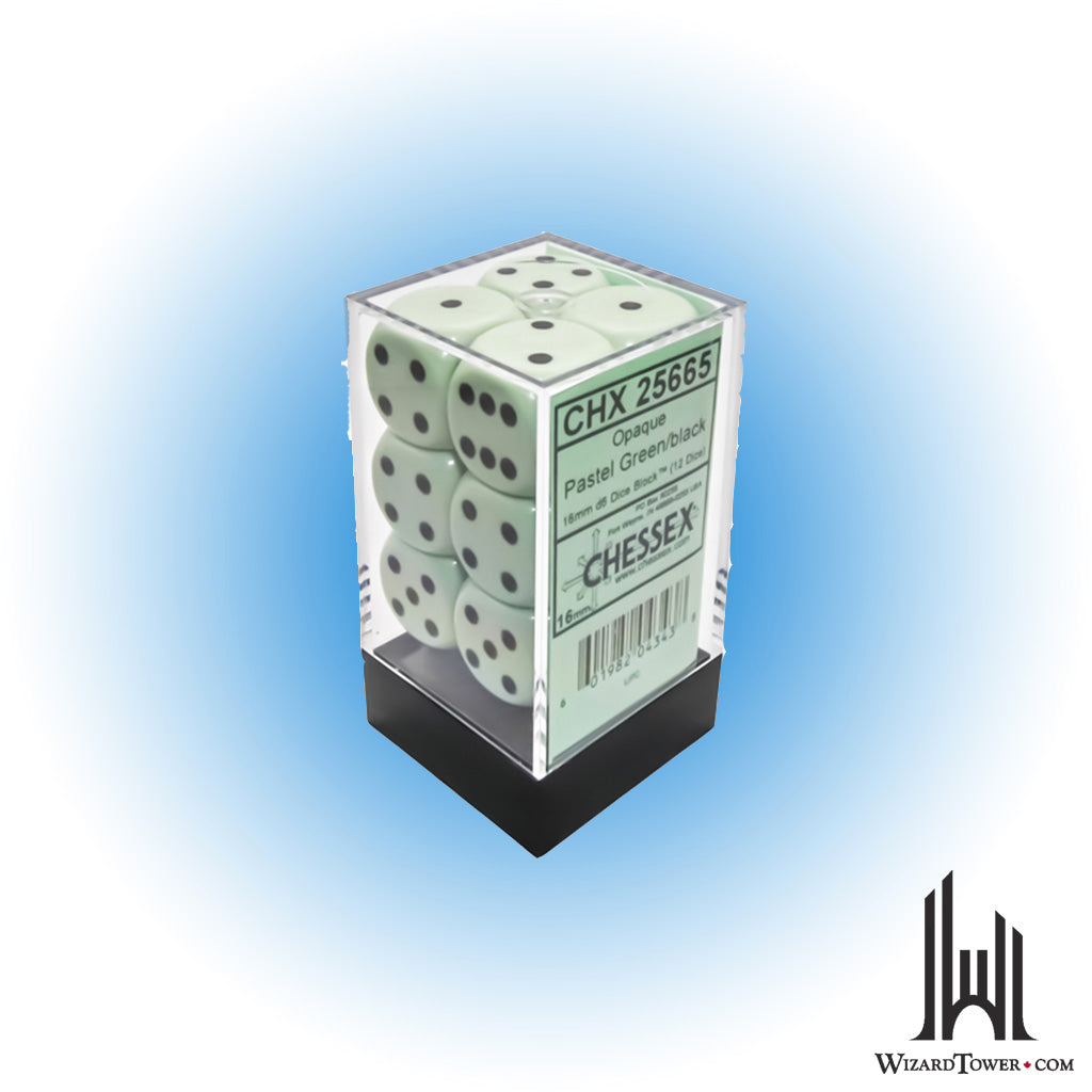 Dice Set - Opaque Pastel Green / Black 16mm d6 12ct