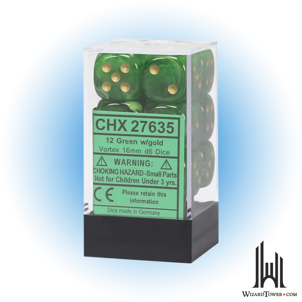 Dice Set - Vortex Green / Gold 16mm d6 12ct