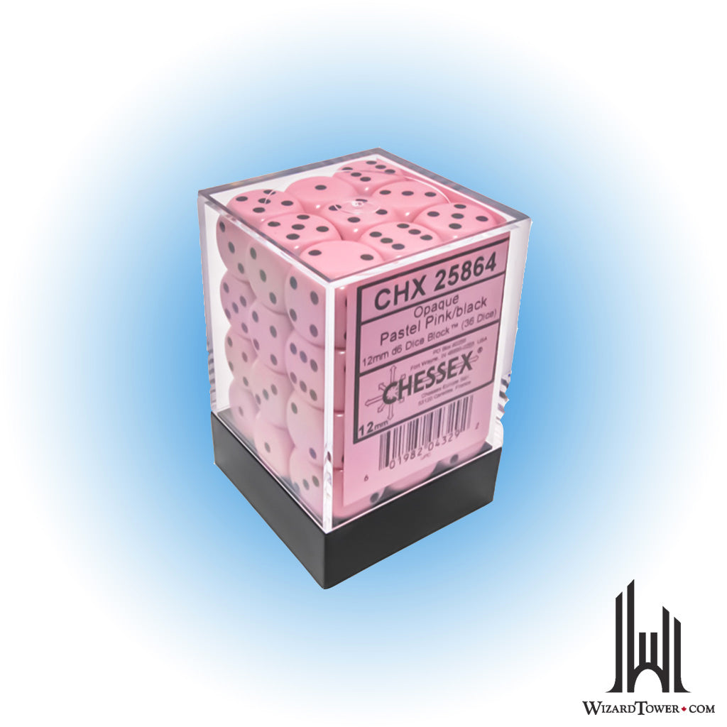 Dice Set - Opaque Pastel Pink / Black 12mm d6 36ct