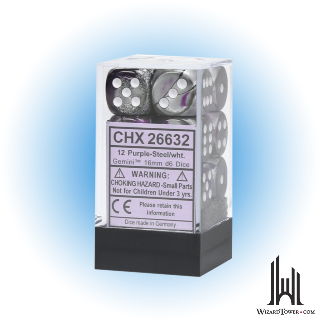 Dice Set - Gemini Purple-Steel / Gold 16mm d6 12ct