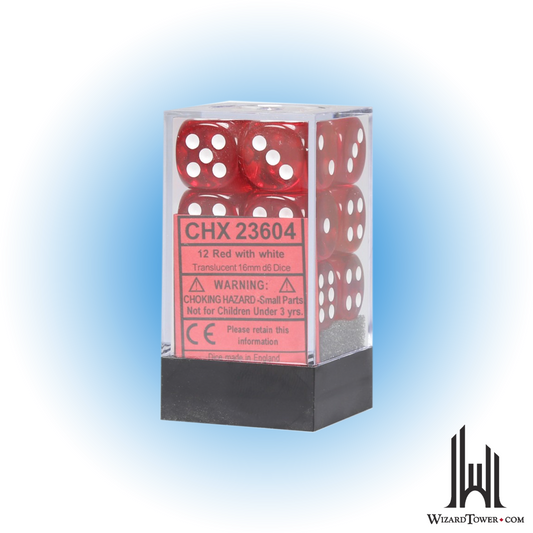 Dice Set - Translucent Red/ White 16mm d6 12ct